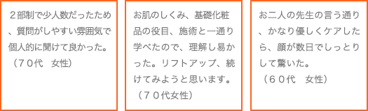 ２部制で少人数だったため、質問がしやすい雰囲気で個人的に聞けて良かった。（７０代　女性）<br />お肌のしくみ、基礎化粧品の役目、施術と一通り学べたので、理解し易かった。リフトアップ、続けてみようと思います。（７０代女性）<br />お二人の先生の言う通り、かなり優しくケアしたら、顔が数日でしっとりして驚いた。（６０代　女性）