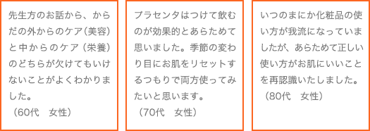 先生方のお話から、からだの外からのケア（美容）と中からのケア（栄養）のどちらが欠けてもいけないことがよくわかりました。（60代　女性）<br />プラセンタはつけて飲むのが効果的とあらためて思いました。季節の変わり目にお肌をリセットするつもりで両方使ってみたいと思います。（70代　女性）<br />いつのまにか化粧品の使い方が我流になっていましたが、あらためて正しい使い方がお肌にいいことを再認識いたしました。（80代　女性）