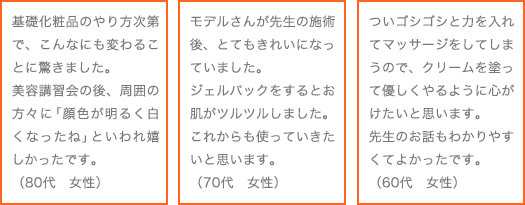 基礎化粧品のやり方次第で、こんなにも変わることに驚きました。美容講習会の後、周囲の方々に「顔色が明るく白くなったね」といわれ嬉しかったです。（70代　女性）<br />モデルさんが先生の施術後、とてもきれいになっていました。ジェルパックをするとお肌がツルツルしました。これからも使っていきたいと思います。（70代　女性）<br />ついゴシゴシと力を入れてマッサージをしてしまうので、クリームを塗って優しくやるように心がけたいと思います。先生のお話もわかりやすくてよかったです。（60代　女性）