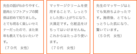 先生の話がわかりやすく、筋肉とリフトアップの関係は初めて知りました。とても明るく楽しいセミナーだったので、また来年も教えてもらいたいです。（７０代　女性）<br />マッサージクリームを使用することで、しっとりとした洗い上がりになり、大満足です。化粧品をけちってはいけませんね。これからはたっぷり使います。（７０代　女性）<br />先生のマッサージはとても気持ちよかったです。施術後、とてもしっとりした肌になり、驚いています。（５０代　女性）