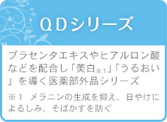 ＱＤシリーズ　プラセンタエキスやヒアルロン酸などを配合し「美白※１」「うるおい」を導く医薬部外品シリーズ　※１ メラニンの生成を抑え、日やけによるしみ、そばかすを防ぐ
