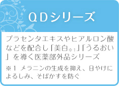 ＱＤシリーズ　プラセンタエキスやヒアルロン酸などを配合し「美白※１」「うるおい」を導く医薬部外品シリーズ　※１ メラニンの生成を抑え、日やけによるしみ、そばかすを防ぐ
